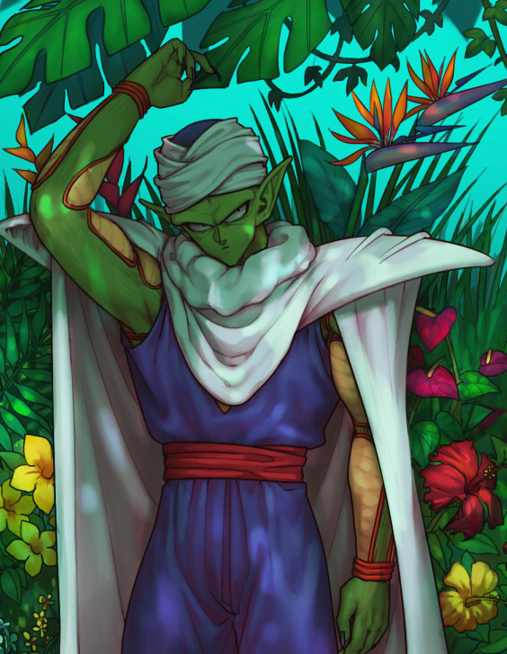 1boy, anthurium, aqua_background, arm_up, bird_of_paradise_flower, cape, colored_skin, commentary_request, cowboy_shot, dappled_sunlight, dougi, dragon_ball, dragonball_z, flower, flower_request, golden_trumpet, green_skin, heliconia, hibiscus, kinjuu_(hariharitt), leaf, looking_to_the_side, male_focus, muscular, muscular_male, namekian, orange_flower, piccolo, pointy_ears, purple_dougi, purple_flower, red_flower, solo, sunlight, turban, white_cape, white_turban, yellow_flower