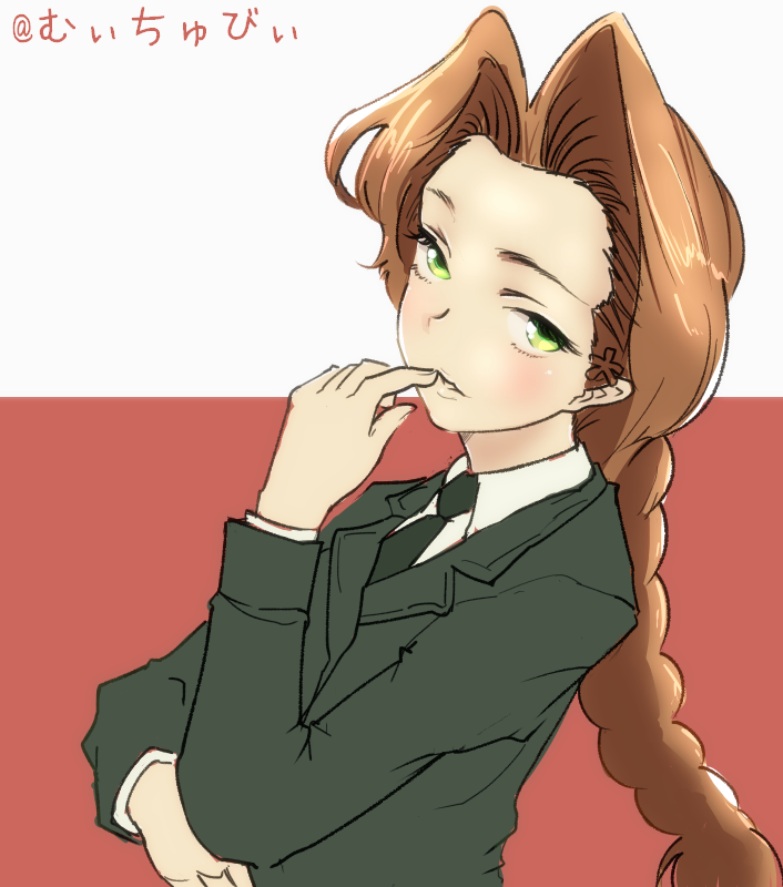 1girl, alternate_eye_color, blush, bonple_military_uniform, braid, brown_hair, girls_und_panzer, green_eyes