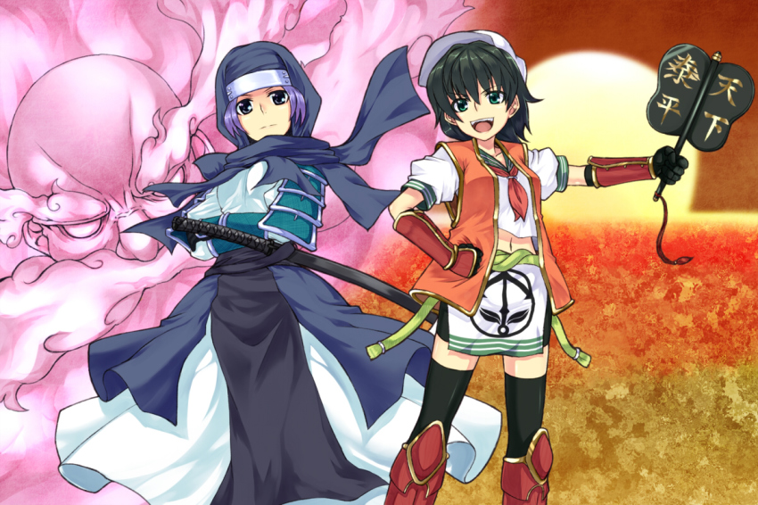 2girls, adapted_costume, alternate_costume, armor, black_hair, blue_eyes, blue_hair, green_eyes