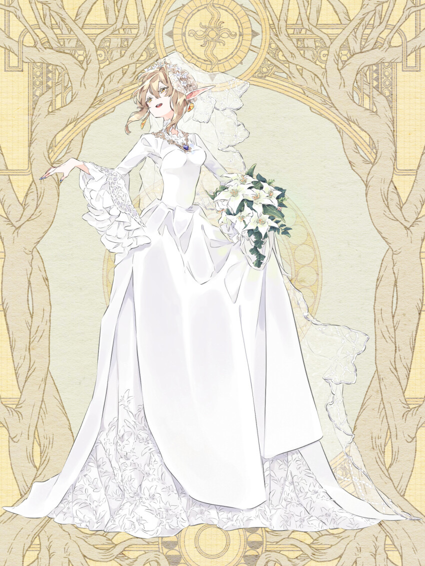 1girl, :o, blonde_hair, bouquet, breasts, bridal_veil, dairoku_ryouhei, dress, earrings, flower, full_body, grey_nails, hair_between_eyes, highres, holding, holding_bouquet, jewelry, long_sleeves, medium_hair, pointy_ears, seiyakarutaken, small_breasts, smile, solo, valda_isildur, veil, wedding_dress, white_dress, white_flower