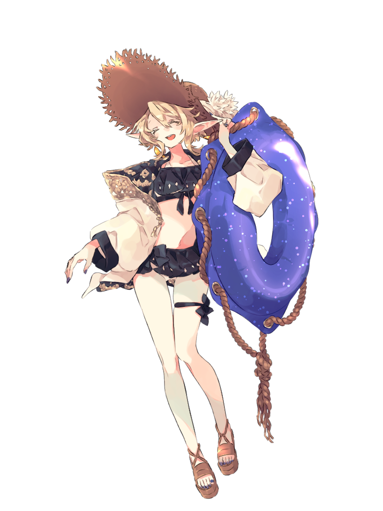 1girl, :d, bikini, black_bikini, blonde_hair, blue_nails, closed_eyes, dairoku_ryouhei, flower, frilled_bikini, frills, hat, hat_flower, holding, holding_swim_ring, innertube, jacket, midriff, open_clothes, open_jacket, open_mouth, pointy_ears, sandals, seiyakarutaken, smile, solo, standing, straw_hat, sun_hat, swim_ring, swimsuit, thigh_strap, transparent_background, valda_isildur, white_jacket