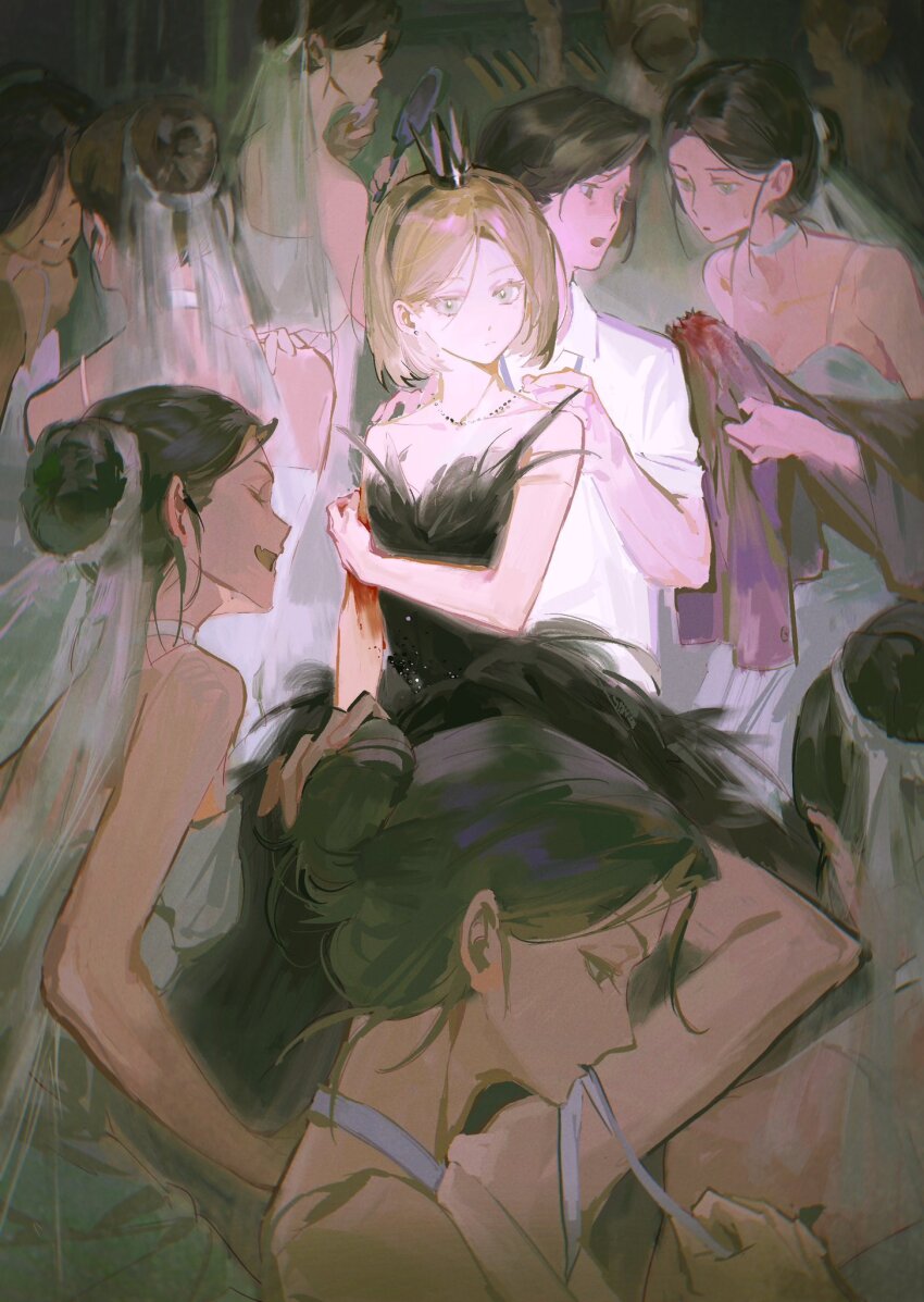 6+girls, ballerina, black_crown, black_dress, black_hair, blood, blood_on_arm, brown_hair