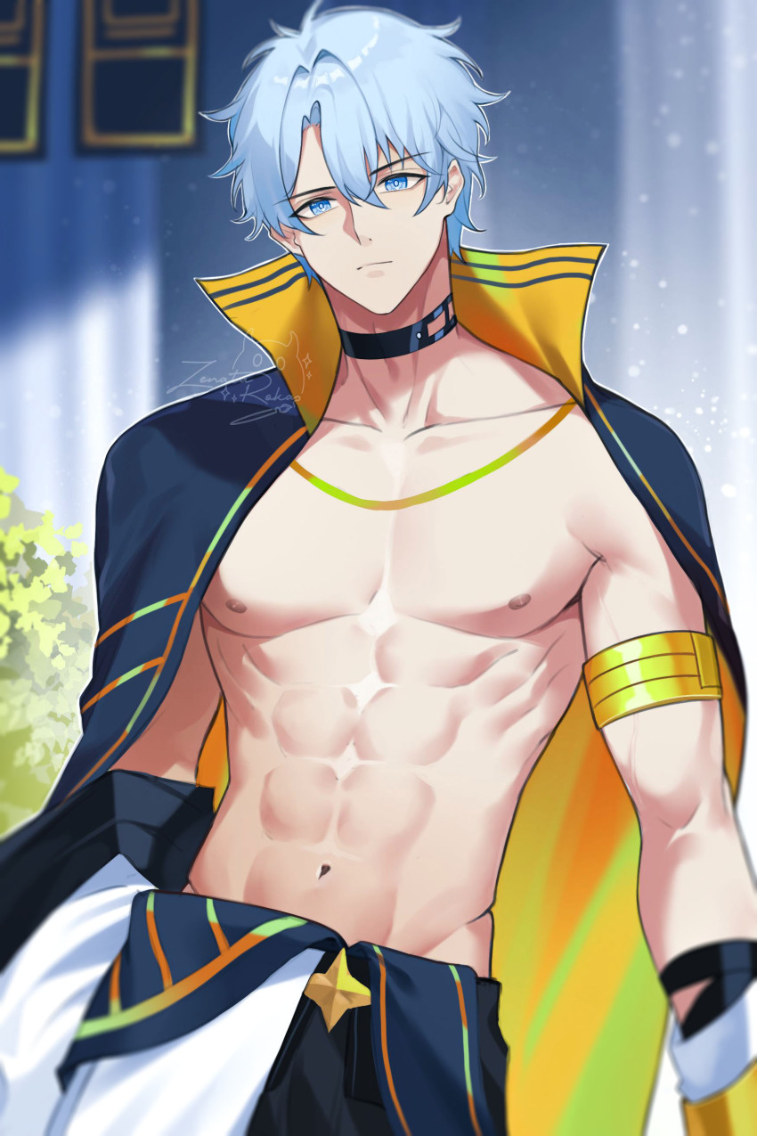 1boy, abs, absurdres, armor, bandaged_arm, bandages, black_choker, black_jacket