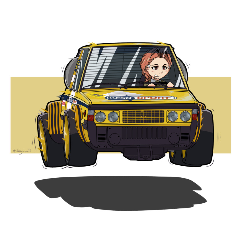 1girl, absurdres, bonple_military_uniform, braid, brown_hair, brown_jacket, car, collared_shirt