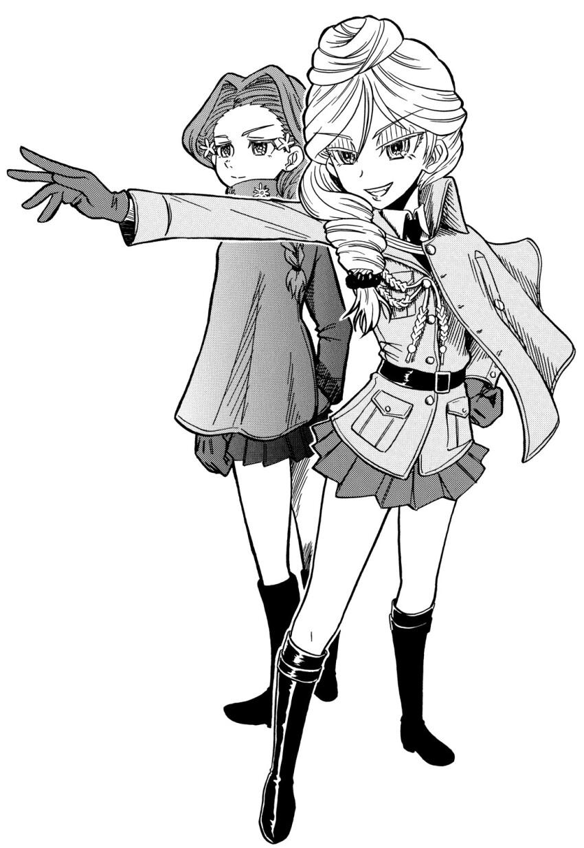 2girls, black_footwear, bonple_military_uniform, boots, braid, cape, flower, full_body