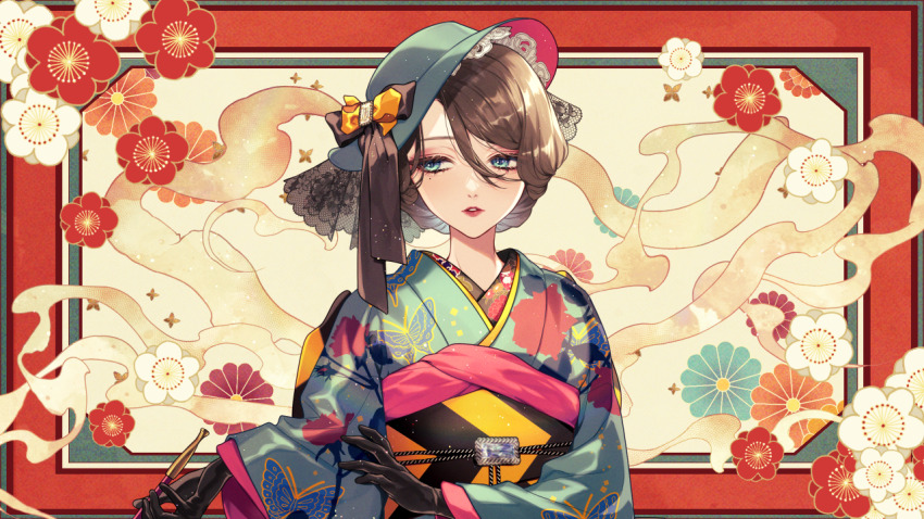 1girl, animal_print, black_gloves, blue_eyes, bow, brown_hair, butterfly_print, dairoku_ryouhei