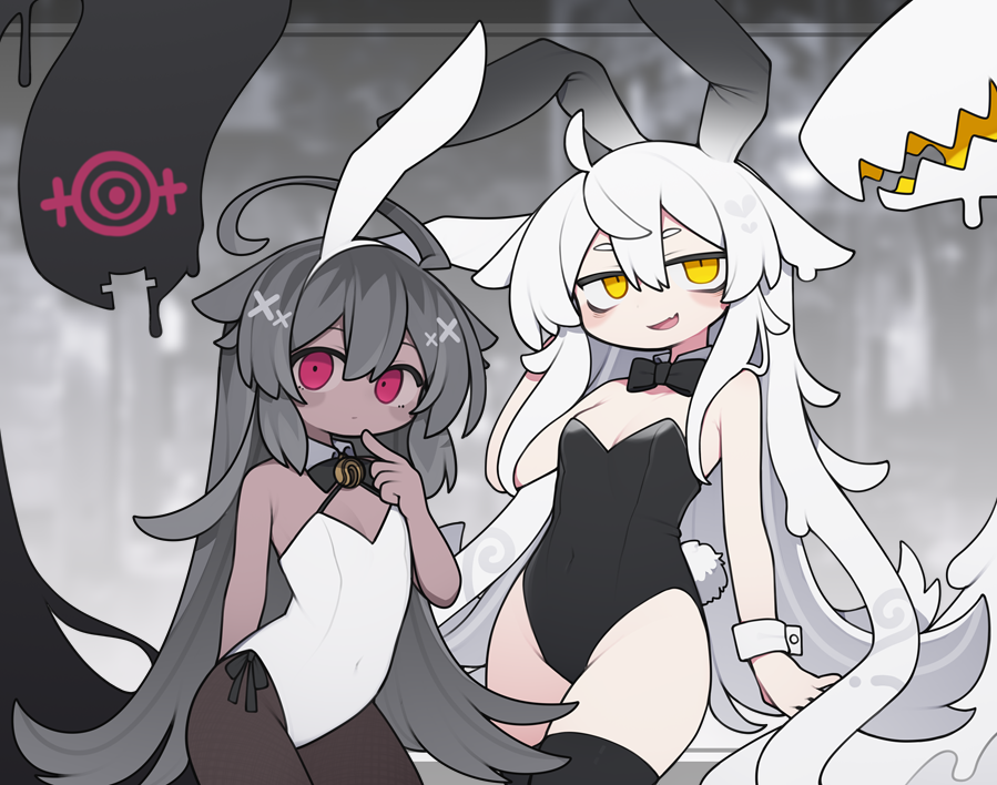2girls, ahoge, animal_ears, arms_behind_back, bare_shoulders, bell, black_bow, black_bowtie, black_leotard, black_thighhighs, blurry, blurry_background, bow, bowtie, breasts, commentary_request, dark-skinned_female, dark_skin, deformed, detached_collar, dorodra_(kisaragi_kaya), dripping, fake_animal_ears, fake_tail, fang, finger_to_mouth, flat_chest, grey_hair, hair_flaps, hand_in_own_hair, hand_up, jingle_bell, jitome, kisaragi_kaya, leotard, loli, long_hair, monochrome_background, multiple_girls, neck_bell, original, pantyhose, playboy_bunny, rabbit_ears, rabbit_tail, red_eyes, skin_fang, sleeve_cuffs, slime_(creature), slit_pupils, small_breasts, smile, snake, tail, tentacle_hair, thighhighs, traditional_bowtie, very_long_hair, white_hair, white_leotard, yellow_eyes, yste