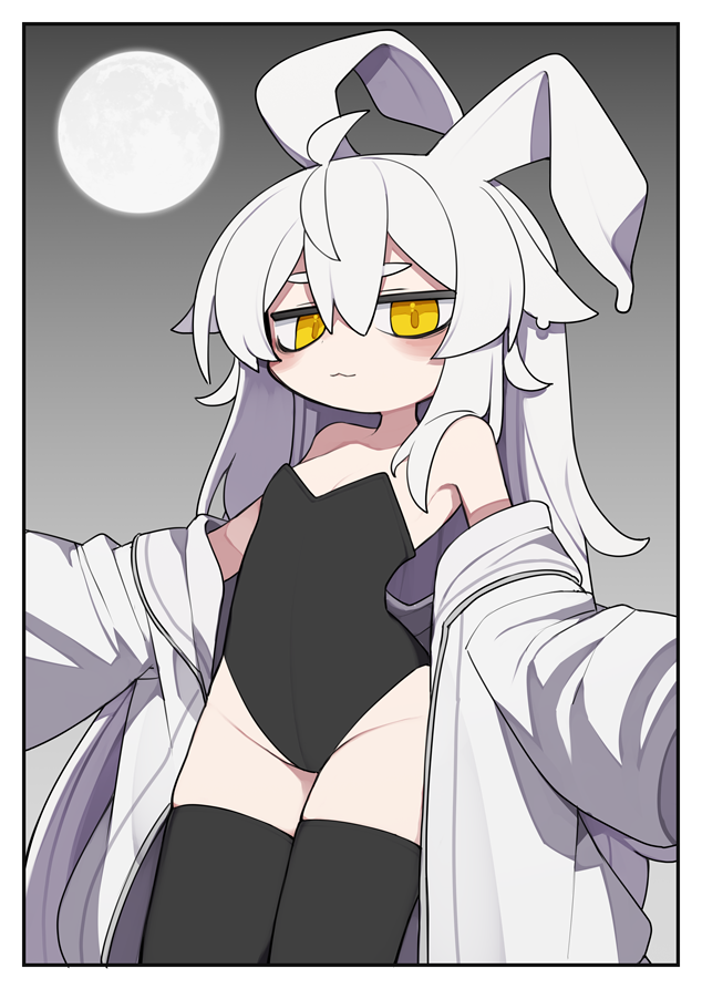 1girl, :3, ahoge, alternate_costume, animal_ears, black_leotard, black_thighhighs, border