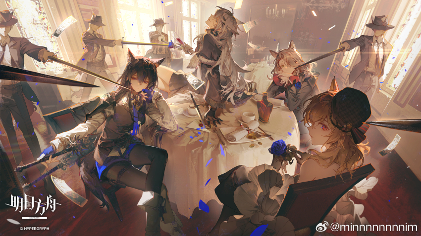 4boys, 4girls, alcohol, arknights, artist_name, ascot, black_gloves, black_jacket