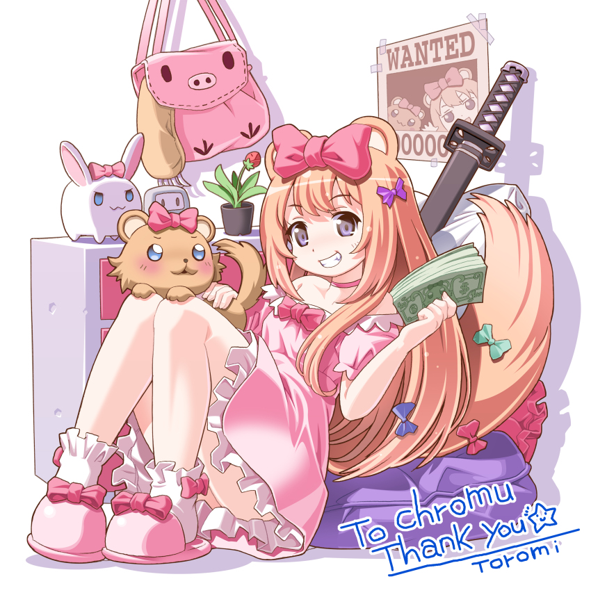 1girl, absurdres, animal_ears, artist_name, blonde_hair, blue_bow, bow, bow_legwear