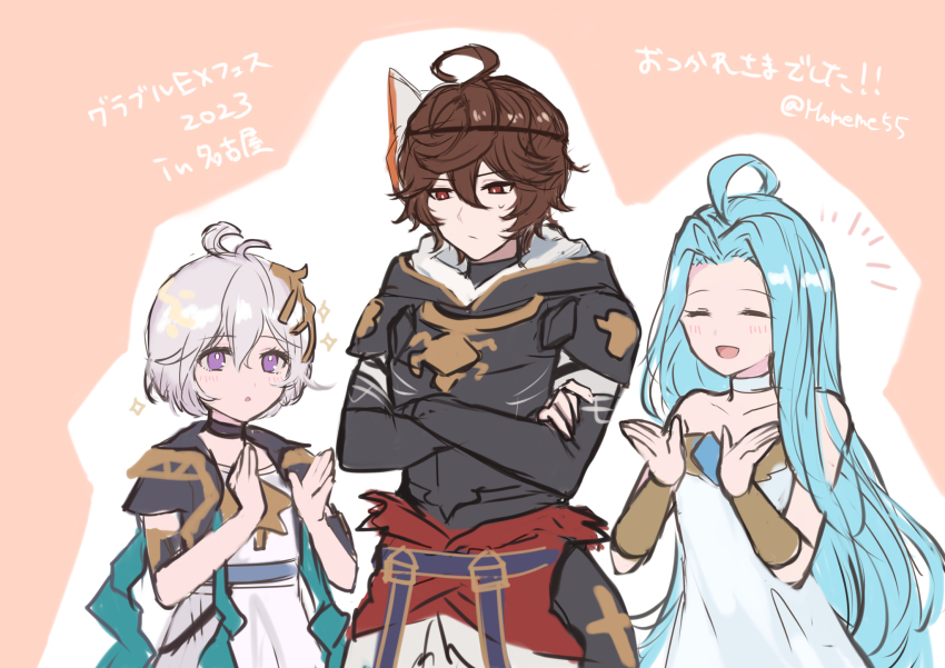 1boy, 2girls, :d, ahoge, armor, belt, black_choker, blue_belt