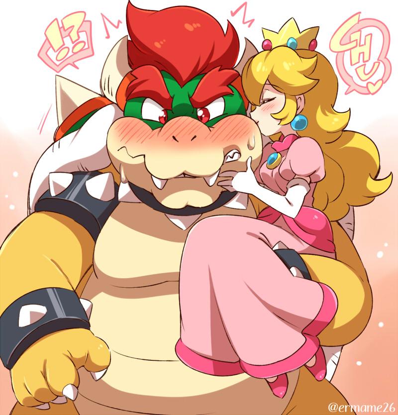 1boy, 1girl, blonde_hair, blush, bowser, carrying, carrying_person, crown, cu_s, eromame, hetero, holding, kiss, kissing_cheek, looking_at_viewer, mario_(series), nintendo, princess, princess_peach, spiked_shell, sweat, turtle_shell