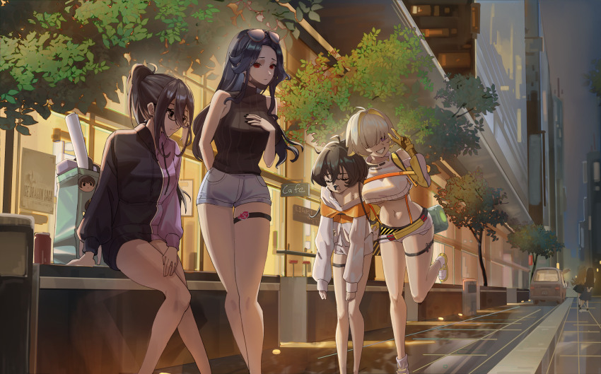 4girls, alternate_costume, black_hair, blonde_hair, brown_hair, building, casual, city