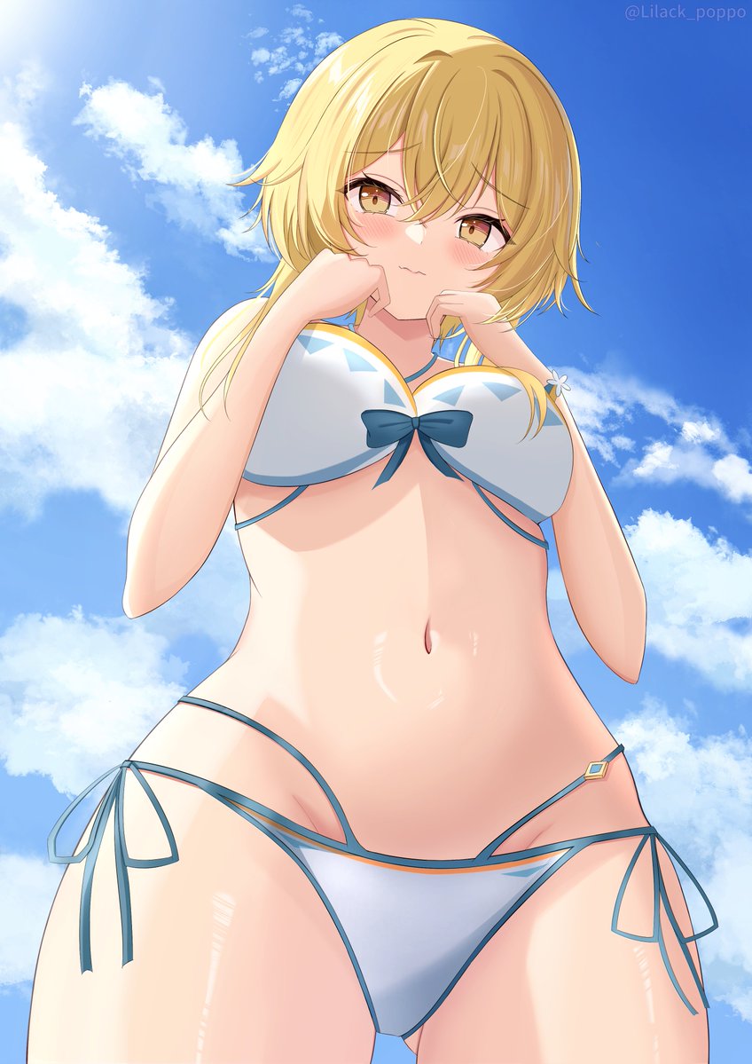 1girl, bare_shoulders, bikini, blonde_hair, blue_sky, blush, breasts, closed_mouth, commentary_request, cowboy_shot, genshin_impact, gluteal_fold, hair_between_eyes, hands_up, lilack_gg, looking_at_viewer, lumine_(genshin_impact), lumine_(hot_springs)_(genshin_impact), navel, official_alternate_costume, short_hair_with_long_locks, sky, solo, stomach, swimsuit, white_background, white_bikini, yellow_eyes