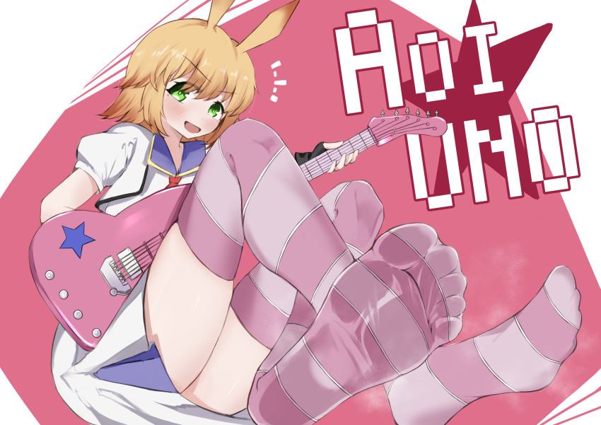 1girl, absurdres, animal_ears, blonde_hair, blush, feet, gal_gun_(series), gal_gun_double_peace, green_eyes, guitar, highres, instrument, looking_at_viewer, medium_hair, miarumi, open_mouth, soles, steam, striped_clothes, striped_thighhighs, thighhighs, toes, uno_aoi