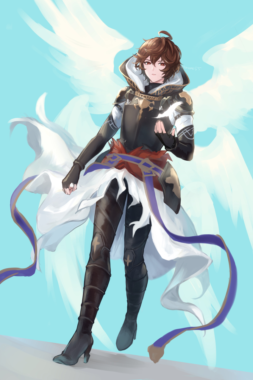 1boy, absurdres, ahoge, arm_at_side, armor, belt, blue_belt, blue_sky