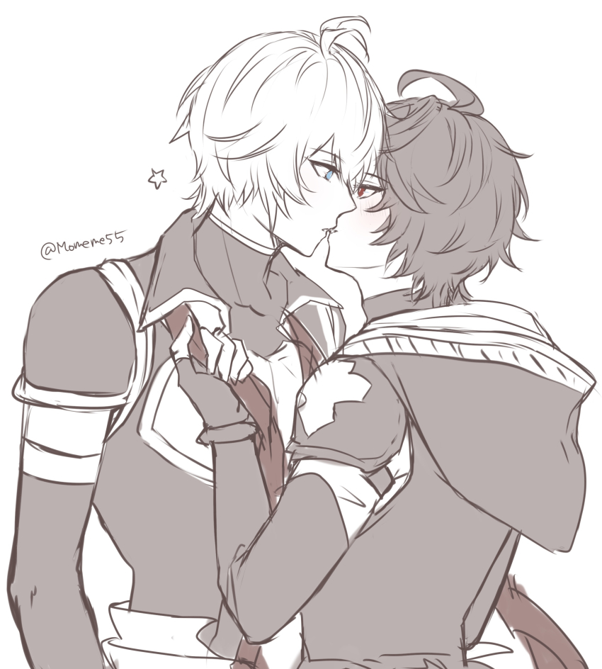 2boys, absurdres, ahoge, armor, blue_eyes, blush, breastplate, brown_hair