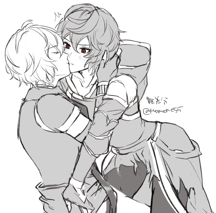 2boys, ahoge, armor, blush, breastplate, closed_eyes, commentary_request, elbow_gloves