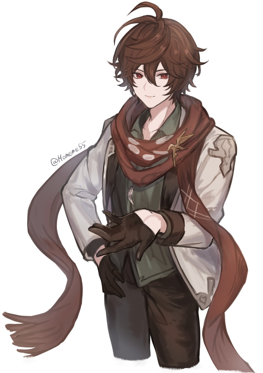 1boy, ahoge, alternate_costume, armor, black_gloves, brown_hair, collared_shirt, commentary_request