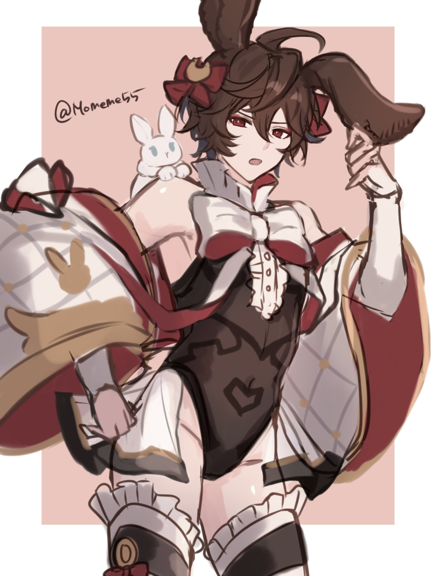 1boy, adjusting_clothes, ahoge, animal_ears, annoyed, blue_eyes, blush, bow