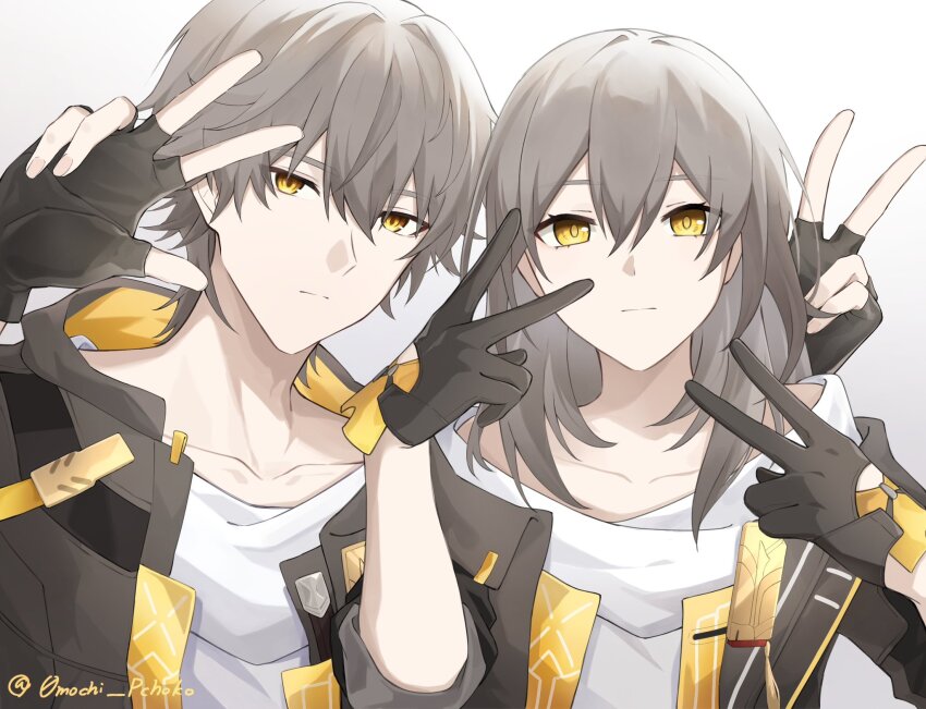 1boy, 1girl, artist_name, bare_shoulders, black_coat, black_gloves, caelus_(honkai:_star_rail), chokop_(0mochi_pchoko), closed_mouth, coat, collarbone, double_v, double_w, dual_persona, fingerless_gloves, fingernails, gloves, grey_hair, hair_between_eyes, hands_up, highres, honkai:_star_rail, honkai_(series), hood, hooded_coat, lapels, long_hair, long_sleeves, looking_at_viewer, off-shoulder_shirt, off_shoulder, open_clothes, open_coat, shirt, short_hair, simple_background, stelle_(honkai:_star_rail), t-shirt, trailblazer_(honkai:_star_rail), two-sided_coat, two-sided_fabric, upper_body, v, w, white_background, white_shirt, yellow_coat, yellow_eyes