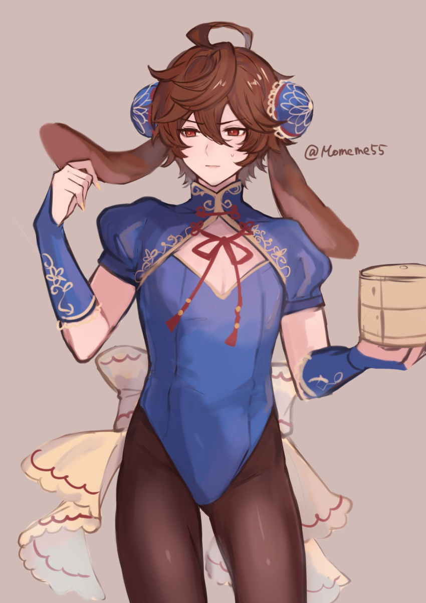 1boy, ahoge, animal_ears, bamboo_steamer, blue_gloves, blue_leotard, blush, bow