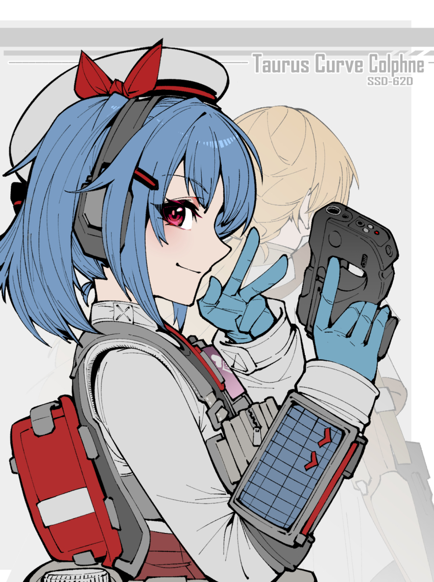 2girls, beret, blue_gloves, blue_hair, character_name, chinese_commentary, closed_mouth, colphne_(girls'_frontline_2)