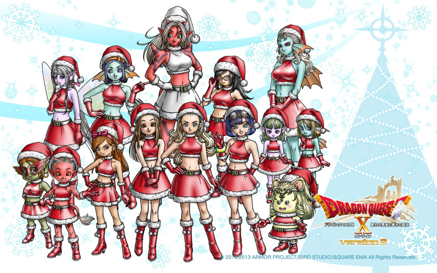 6+girls, adjusting_eyewear, animal_ears, anlucea, aqua_skin, artist_request, aruue, blonde_hair, blue_hair, blue_skin, blunt_bangs, bob_cut, boots, bow, bow_hairband, breasts, brown_eyes, brown_hair, character_request, chili_(dq10), christmas, colored_skin, copyright_logo, dragon_quest, dragon_quest_x, fairy_wings, fins, fish_girl, fur-trimmed_skirt, fur_trim, fuura_(dq10), glasses, gloves, goggles, goggles_on_head, hairband, hat, head_fins, high_heel_boots, high_heels, highres, horns, jienya_(dq10), large_breasts, liryol_(dq10), logo, long_hair, maiyu_(dq10), medium_breasts, miko_himea, mole, mole_under_mouth, multiple_girls, official_art, official_wallpaper, orange_hair, pink_bow, pink_hairband, pointy_ears, purple_skin, queen_diore, red-framed_eyewear, red_eyes, red_gloves, red_skin, red_skirt, rizerotta_(dq10), runana_(dq10), santa_hat, seraphy_(dq10), short_hair, shoulder_spikes, skirt, small_breasts, somya_(dq10), spikes, tail, third-party_source, white_hair, white_skirt, wings