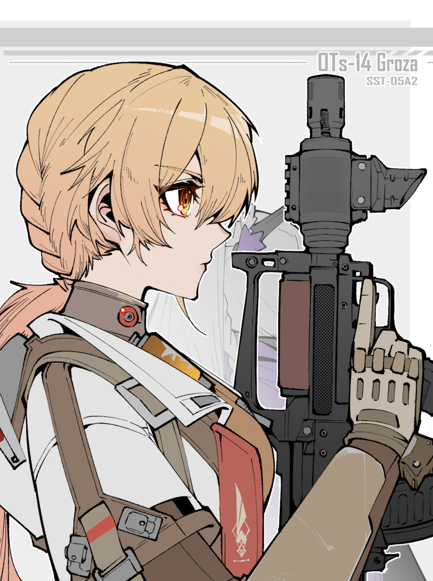 2girls, assault_rifle, blonde_hair, bullpup, chinese_commentary, closed_mouth, coat, commentary_request