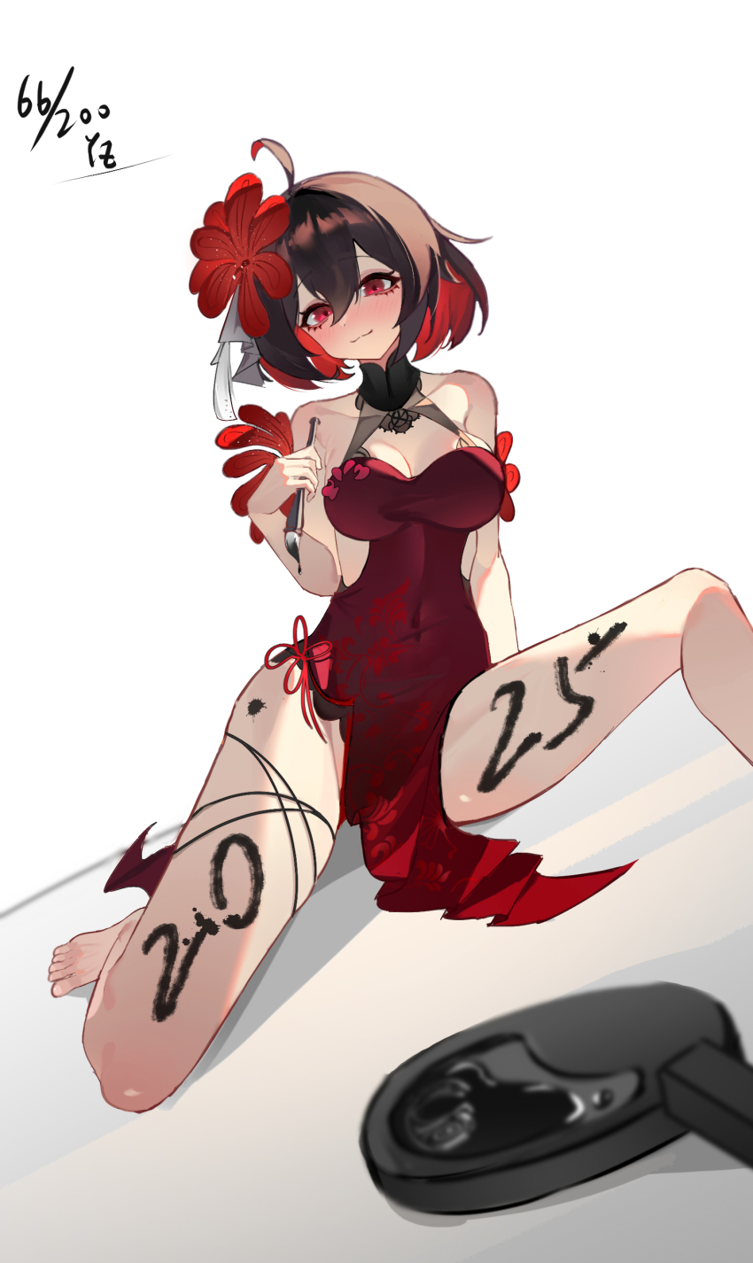 1girl, 2025, absurdres, barefoot, black_hair, blush, body_writing, breasts, calligraphy_brush, cleavage, cleavage_cutout, clothing_cutout, colored_inner_hair, commentary_request, dress, flower, hair_between_eyes, hair_flower, hair_ornament, halter_dress, halterneck, highres, holding, holding_calligraphy_brush, holding_paintbrush, honkai_(series), honkai_impact_3rd, inkstick, inkstone, large_breasts, multicolored_hair, new_year, paintbrush, pelvic_curtain, red_dress, red_eyes, red_flower, red_hair, seele_(alter_ego), seele_vollerei, seele_vollerei_(mirrored_flourishes), seele_vollerei_(stygian_nymph), short_hair, smile, solo, spread_legs, two-tone_hair, yuan_zhen