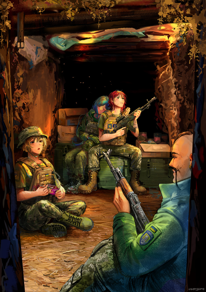 2024, 2boys, 2girls, absurdres, akm, an-94, androgynous, assault_rifle, azov_battalion, bulletproof_vest, can, canned_fish, canned_food, canned_tuna, combat_uniform, cossack_(polish_anon), field_ration, fish_(food), gun, head_on_another's_shoulder, highres, holding, holding_gun, holding_weapon, international_legion_of_ukraine, kalashnikov_rifle, kenneth_del_duca, kraken_(japanon), kraken_regiment, long_hair, marichka, military, military_combat_uniform, military_uniform, multiple_boys, multiple_girls, nazi, original, oseledets, red_hair, rifle, russo-ukrainian_war, sich_battalion, tin_(container), trap, trench, trigger_discipline, tuna, ukraine, ukrainian_flag, ukrainian_text, usergore, weapon