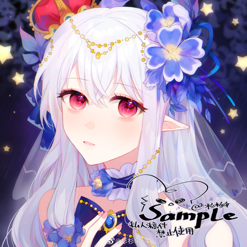 1girl, bare_shoulders, blue_background, blue_bow, blue_bowtie, blue_choker, blue_flower, blue_gem