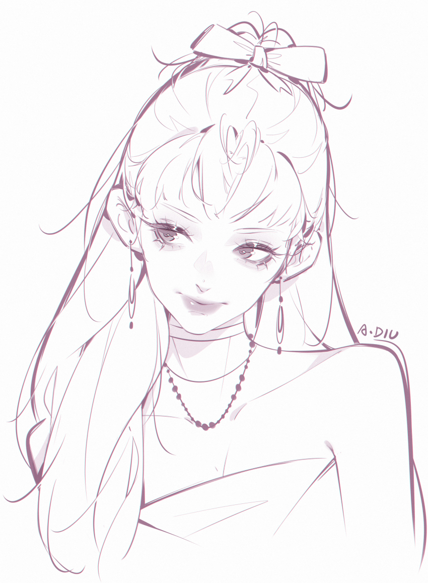 1girl, absurdres, adiu, bare_shoulders, bow, breasts, chinese_commentary, choker