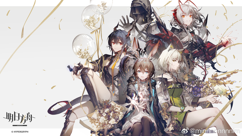 1other, 4girls, amiya_(arknights), amiya_(medic)_(arknights), animal_ear_fluff, animal_ears, antenna_hair, arknights