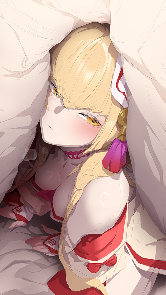 1girl, bed_sheet, blonde_hair, blush, breasts, bridal_gauntlets, cleavage, detached_collar