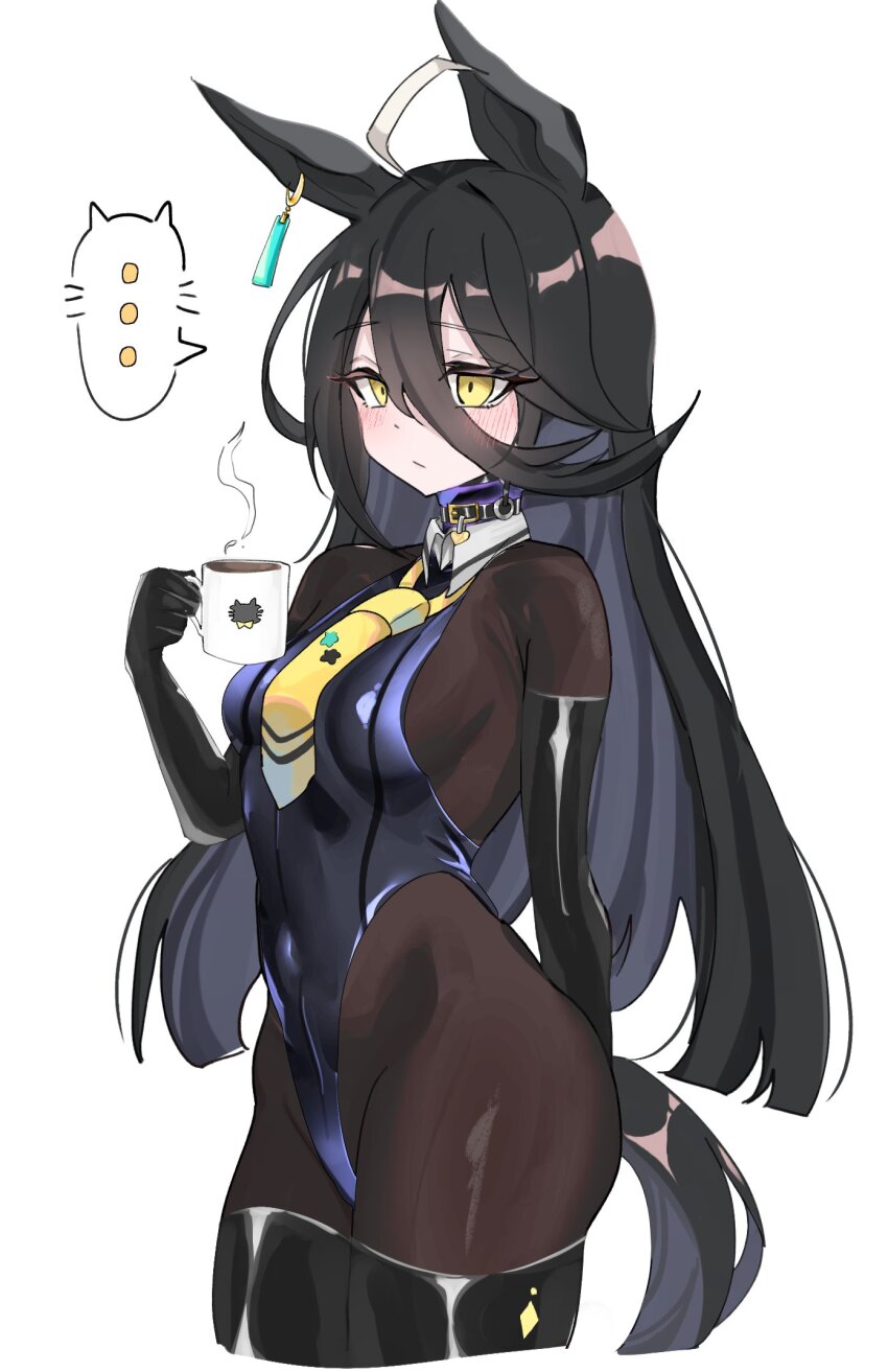 1girl, ahoge, animal_ears, black_bodysuit, black_gloves, black_hair, black_leotard, black_thighhighs