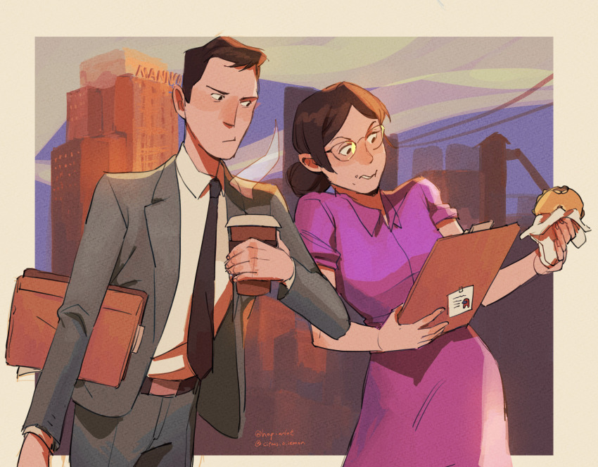 1boy, 1girl, among_us, bagel, belt, black_hair, breasts, brown_hair