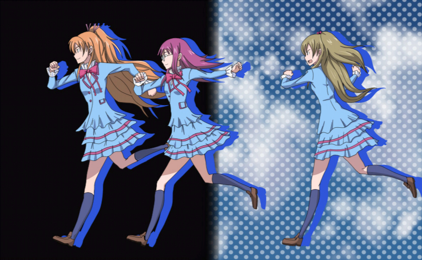 3girls, banboro_(technobot), blue_shirt, brown_hair, green_hair, half_updo, houjou_hibiki, houjou_sakura