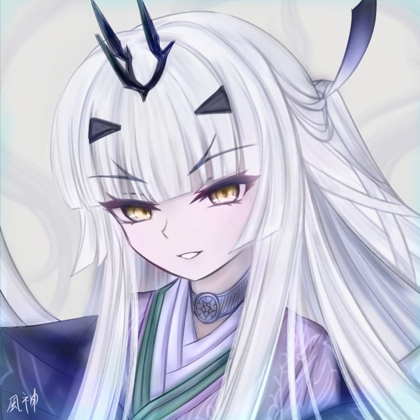 1girl, blue_kimono, breasts, choker, fate/grand_order, fate_(series), forked_eyebrows, fuugami