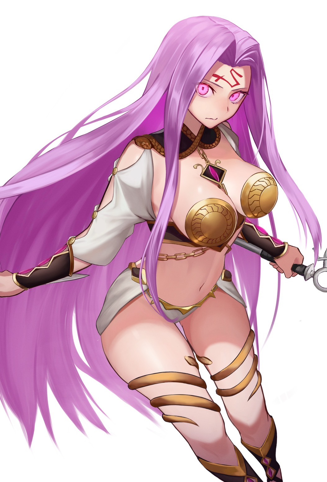 1girl, breasts, cleavage, commission, facial_mark, fate/extella, fate/extella_link, fate/extra, fate_(series), forehead, forehead_mark, genshu_doki, highres, jewelry, large_breasts, long_hair, looking_at_viewer, medusa_(andromeda_gear)_(fate), medusa_(fate), medusa_(rider)_(fate), nameless_dagger_(fate), parted_bangs, purple_eyes, purple_hair, shrug_(clothing), sidelocks, skeb_commission, solo, thighlet, very_long_hair, weapon