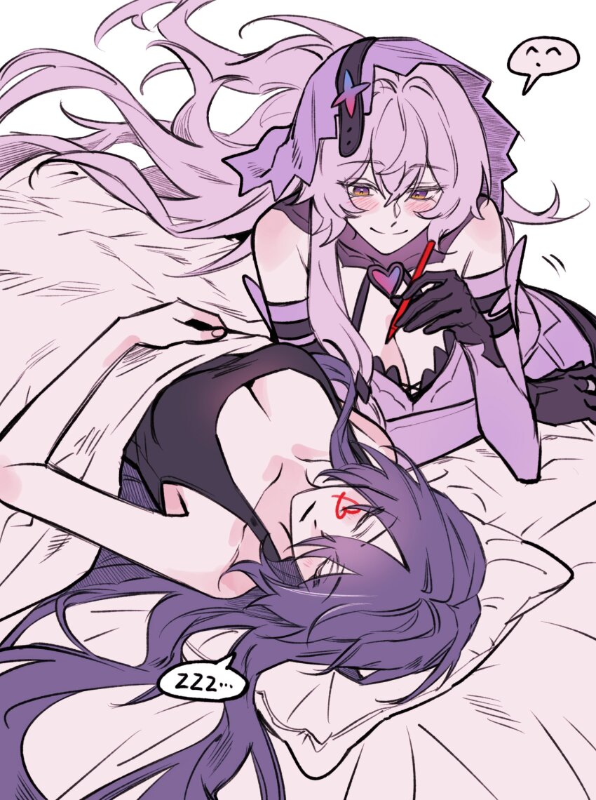 2girls, acheron_(honkai:_star_rail), backgun, bare_shoulders, black_gloves, black_swan_(honkai:_star_rail), black_tank_top, breasts, cleavage, closed_eyes, closed_mouth, commentary_request, detached_sleeves, gloves, hair_between_eyes, hair_spread_out, heart, highres, holding, holding_pen, honkai:_star_rail, honkai_(series), korean_commentary, long_hair, looking_at_another, lying, multiple_girls, new_year, on_back, on_bed, on_stomach, pen, pillow, purple_eyes, purple_hair, purple_sleeves, purple_veil, sleeping, smile, spoken_expression, spoken_zzz, tank_top, under_covers, veil, very_long_hair, yuri, zzz
