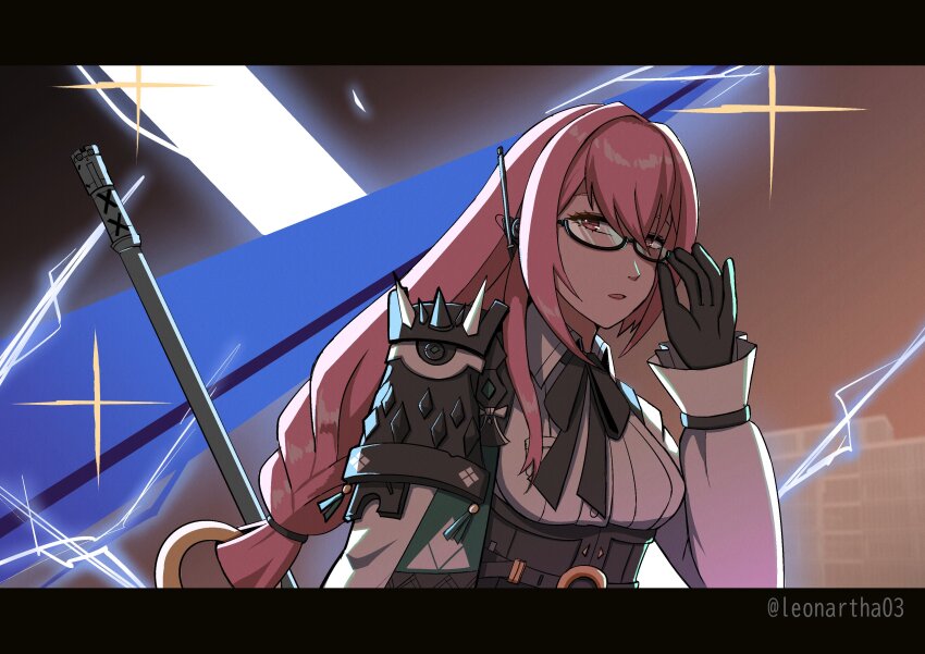 1girl, absurdres, armor, black_gloves, dress_shirt, glasses, gloves, hair_between_eyes