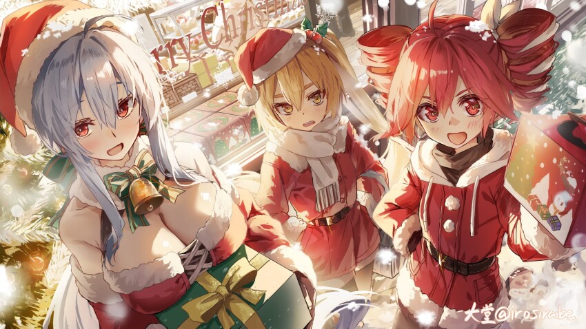 3girls, akita_neru, artist_name, bell, belt, black_gloves, blonde_hair, bow, breasts, brown_belt, buttons, christmas, christmas_ornaments, christmas_ornaments_in_hair, christmas_tree, cleavage, coat, daidou_(demitasse), dress, food, fur-trimmed_coat, fur-trimmed_dress, fur-trimmed_headwear, fur_trim, gift, gloves, green_bow, hair_bow, hand_on_own_hip, hands_in_pockets, hat, highres, holding, holding_gift, huge_breasts, kasane_teto, kasane_teto_(sv), long_hair, looking_at_viewer, merry_christmas, multicolored_hair, multiple_girls, neck_bell, open_mouth, red_coat, red_dress, red_eyes, red_hair, red_hat, santa_costume, santa_hat, scarf, shop, side_ponytail, sidelocks, snow, sparkle, strapless, strapless_dress, streaked_hair, synthesizer_v, teeth, upper_teeth_only, utau, vocaloid, white_bow, white_hair, white_scarf, yellow_bow, yellow_eyes, yowane_haku