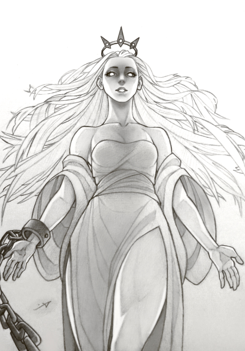 1girl, bare_shoulders, breasts, chain, cleavage, collarbone, colored_sclera, commentary