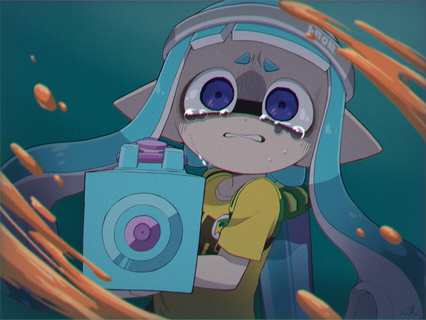 1girl, aiming, aiming_at_viewer, blue_background, blue_eyes, blue_hair, chromatic_aberration, clenched_teeth, clothes_writing, commentary_request, crying, crying_with_eyes_open, film_grain, furrowed_brow, headband, highres, holding, holding_weapon, ink_tank_(splatoon), inkling, inkling_(language), inkling_girl, inkling_player_character, long_hair, looking_at_viewer, nintendo, pikakero79, pointy_ears, shaded_face, shirt, short_sleeves, solo, splatoon_(series), splattershot_jr._(splatoon), sweatband, t-shirt, tears, teeth, tentacle_hair, twintails, upper_body, weapon, white_headband, yellow_shirt