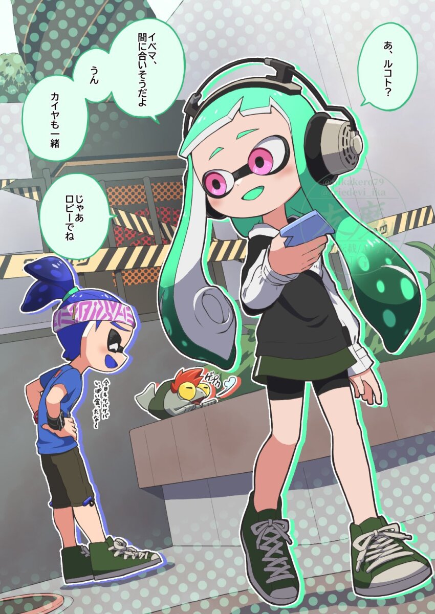1boy, 1girl, ^_^, artist_name, belt, belt_buckle, black_belt, black_hoodie, black_shorts, blue_hair, blue_shirt, blue_tongue, buckle, closed_eyes, colored_tongue, commentary_request, drop_shadow, full_body, green_footwear, green_hair, green_skirt, green_tongue, hands_on_own_hips, headband, headphones, highres, holding, holding_phone, hood, hood_down, hoodie, inkling, inkling_boy, inkling_girl, inkling_player_character, long_hair, miniskirt, nintendo, open_mouth, phone, pikakero79, pink_eyes, pointy_ears, salmonid, shirt, shoes, shorts, shorts_under_skirt, skirt, smallfry_(splatoon), smile, sneakers, sound_effects, speech_bubble, splatoon_(series), splatoon_3, sweatband, t-shirt, tentacle_hair, topknot, translation_request, twintails, watermark, white_headband, white_sleeves, wrist_belt