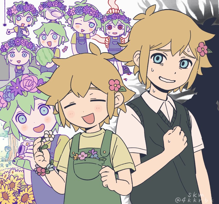 1boy, 4kkrbk, arm_behind_head, arm_up, barefoot, basil_(faraway)_(omori), basil_(headspace)_(omori), basil_(omori), black_sweater_vest, blonde_hair, blue_eyes, blue_flower, blue_overalls, blush, bracelet, bug, camera, closed_eyes, clothes_grab, collared_shirt, double-parted_bangs, flower, flower_bracelet, food, fruit, green_hair, green_overalls, hair_behind_ear, hair_between_eyes, hair_flower, hair_ornament, hand_on_another's_head, head_wreath, highres, holding, holding_camera, holding_flower, holding_food, holding_fruit, insect_on_face, jewelry, looking_at_viewer, male_focus, melon, multiple_views, nervous, notice_lines, omori, one_eye_closed, open_mouth, outstretched_arm, overalls, pink_flower, purple_flower, red_eyes, shirt, short_sleeves, silhouette, small_pupils, smile, spider, stranger_(omori), sunflower, sweat, sweatdrop, sweater_vest, tendril, tree, triangle_mouth, twitter_username, very_sweaty, white_background, white_flower, white_shirt, yellow_flower, yellow_shirt