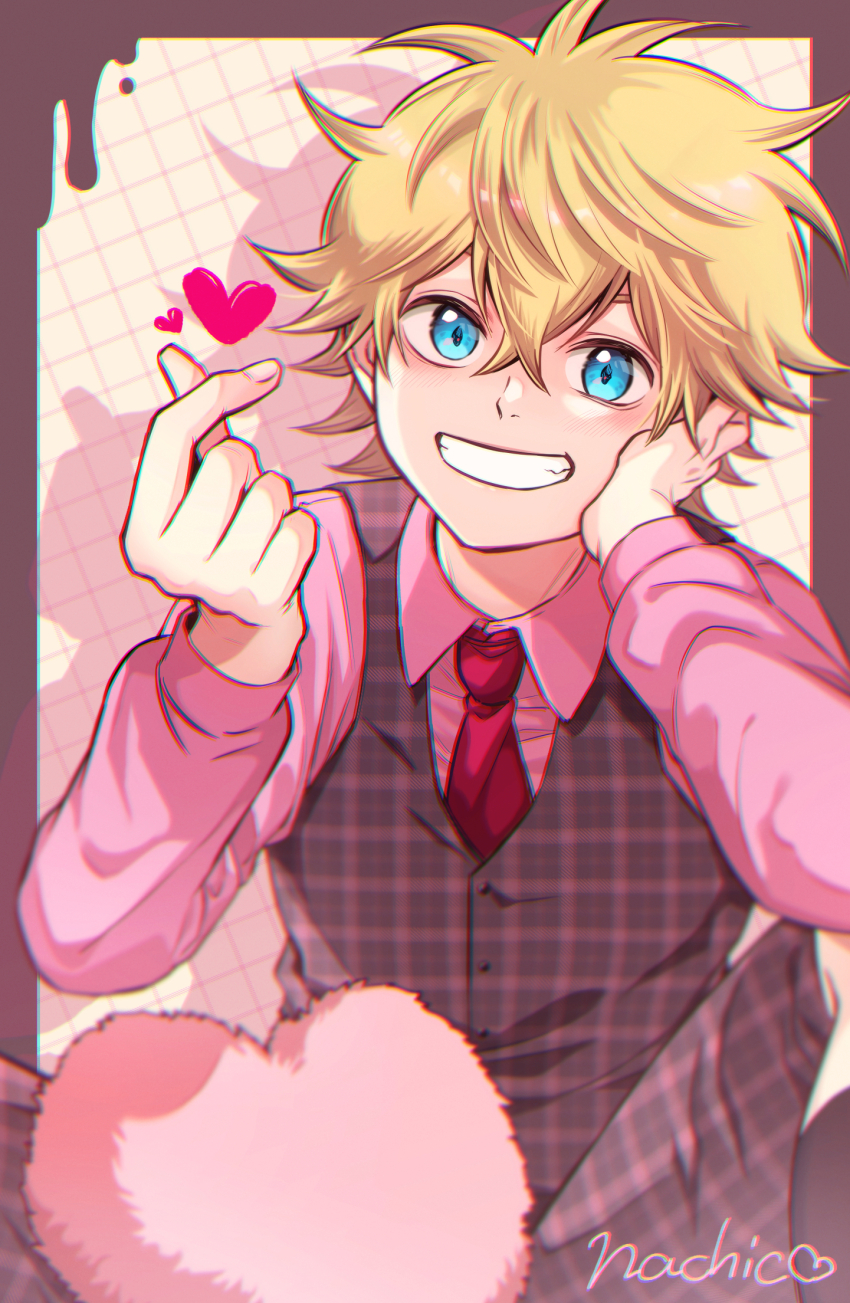 1boy, alternate_costume, black_clover, blonde_hair, blue_eyes, collared_shirt, finger_heart, grid
