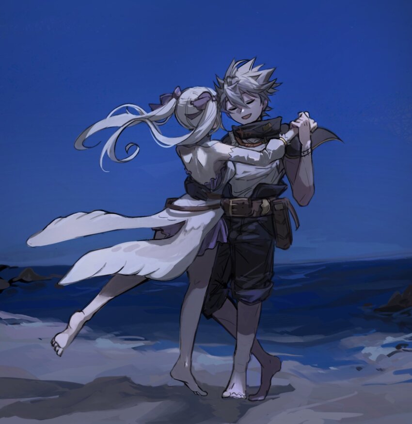 1boy, 1girl, arm_around_another's_waist, asta_(black_clover), backless_dress, backless_outfit, bag, barefoot, beach, belt, black_capelet, black_clover, black_pants, blue_sky, brown_belt, capelet, closed_eyes, couple, dancing, detached_sleeves, dress, grey_hair, hair_ribbon, hand_up, hetero, highres, holding_hands, immortalmonkey, long_hair, long_sleeves, noelle_silva, open_mouth, pants, pants_rolled_up, purple_dress, purple_ribbon, ribbon, satchel, short_hair, sky, sleeveless, sleeveless_dress, smile, spiked_hair, tank_top, tattoo, water, white_dress, white_hair, white_sleeves, white_tank_top, wrist_tattoo