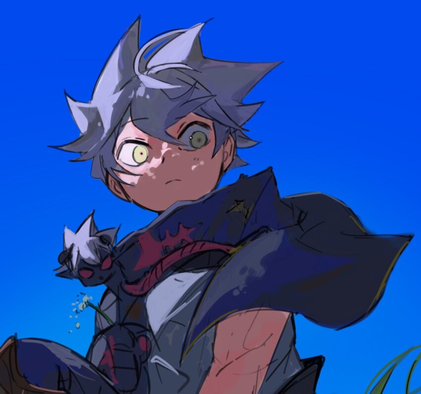 2boys, asta_(black_clover), black_capelet, black_clover, black_hands, black_skin, blue_sky, capelet